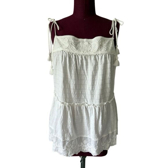 NEW Anthropologie White Embroidered Tank Top Tassel Tie Straps Boho size M - Picture 2 of 8